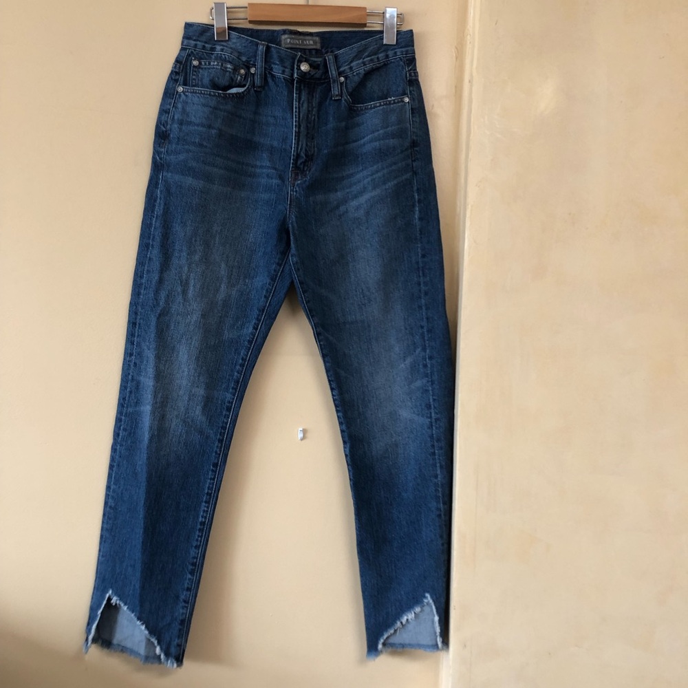POINT SUR High Waist Raw Asymmetric Hem Medium Wash Straight Slouchy Crop Jeans